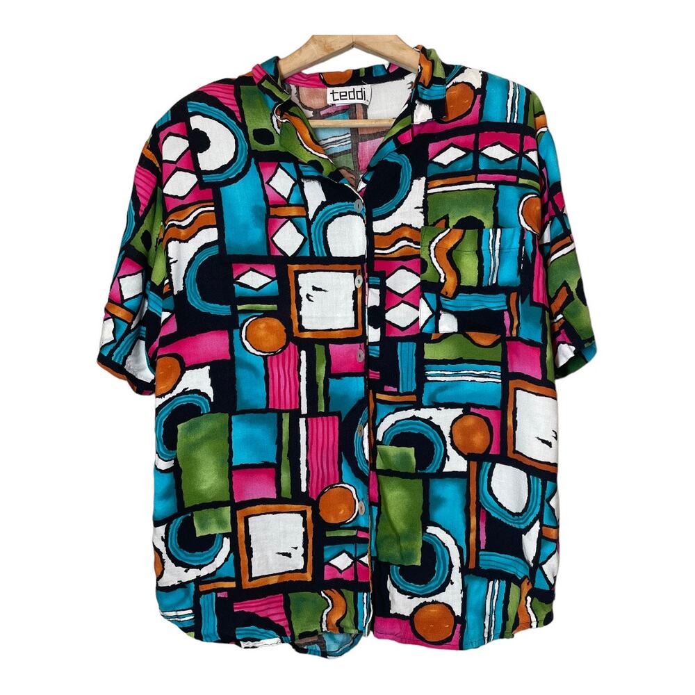 Teddi Vintage Button Front Blouse Bright Colorful Art to Wear Short Sleeve
